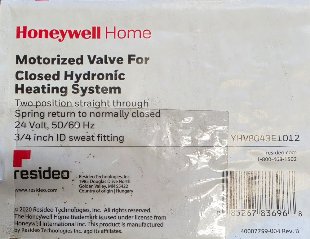 Honeywell YHV8043E1012/U 24V 3.5 Cv Capacity Zone Valve 3-1/2 W x 4 H in.