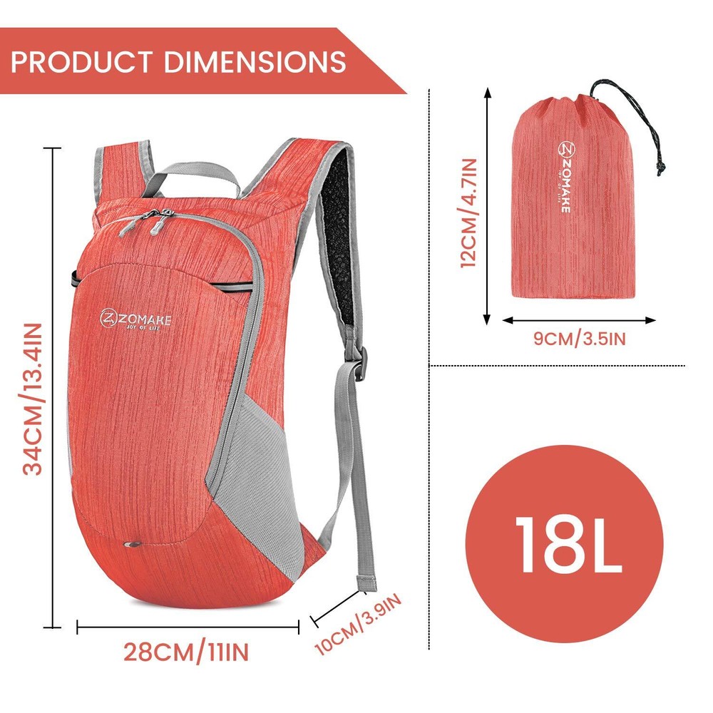 Ultra Lightweight Packable Backpack 18L Foldable Water Resistant Red