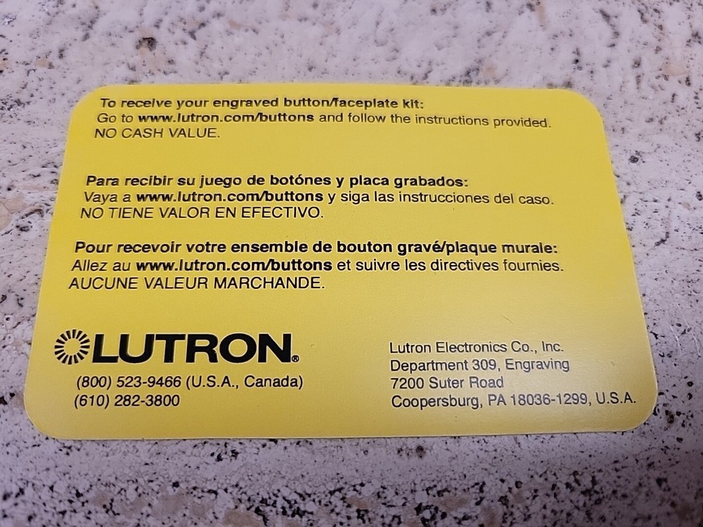 Lutron Prepaid Engraving Certificate New