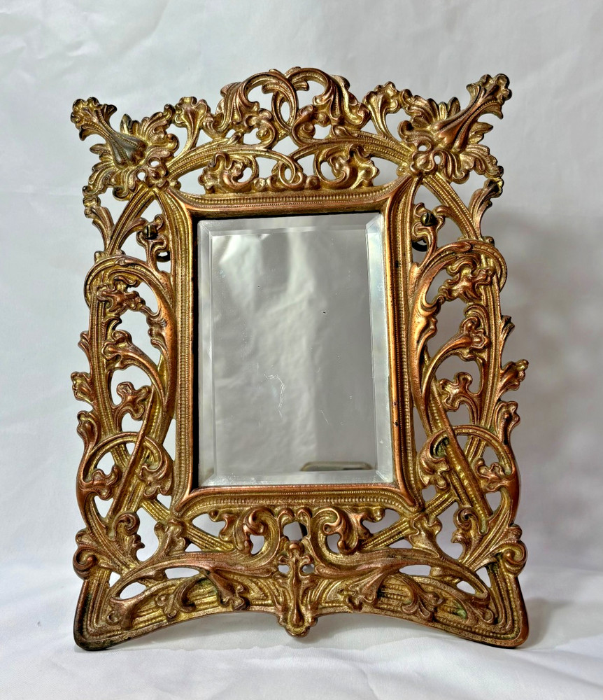 Antique Brass Frame Rococo Style Mirror Table Top Bevel Edge Easel Back