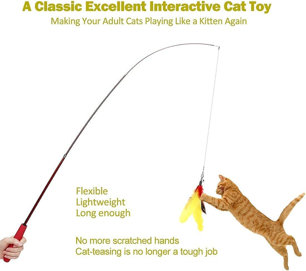 Retractable Cat Feather Wand Toys Pack and 10PCS Squiggly Worm Replacement Refil