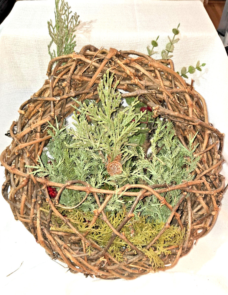 Christmas Grapevine Wreath w/ Red Bow, Berries, Greenery & Gingerbread Rustic