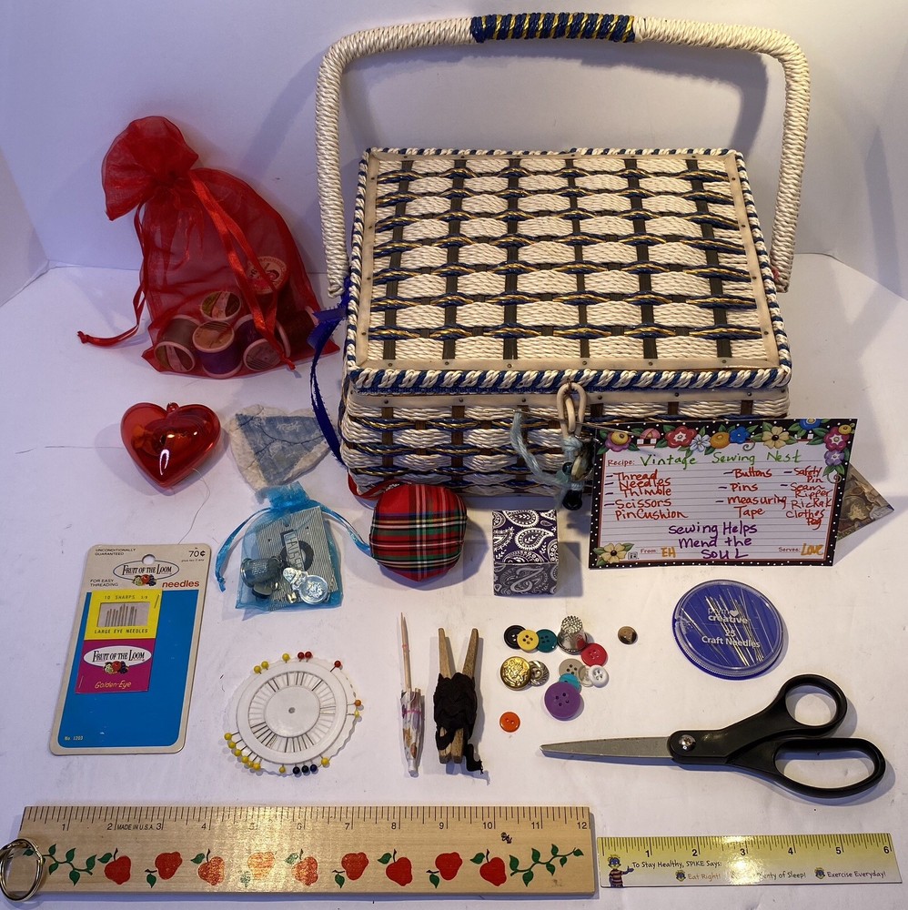 Musical Wicker Sewing Basket Notions Keepsake Kit Blue