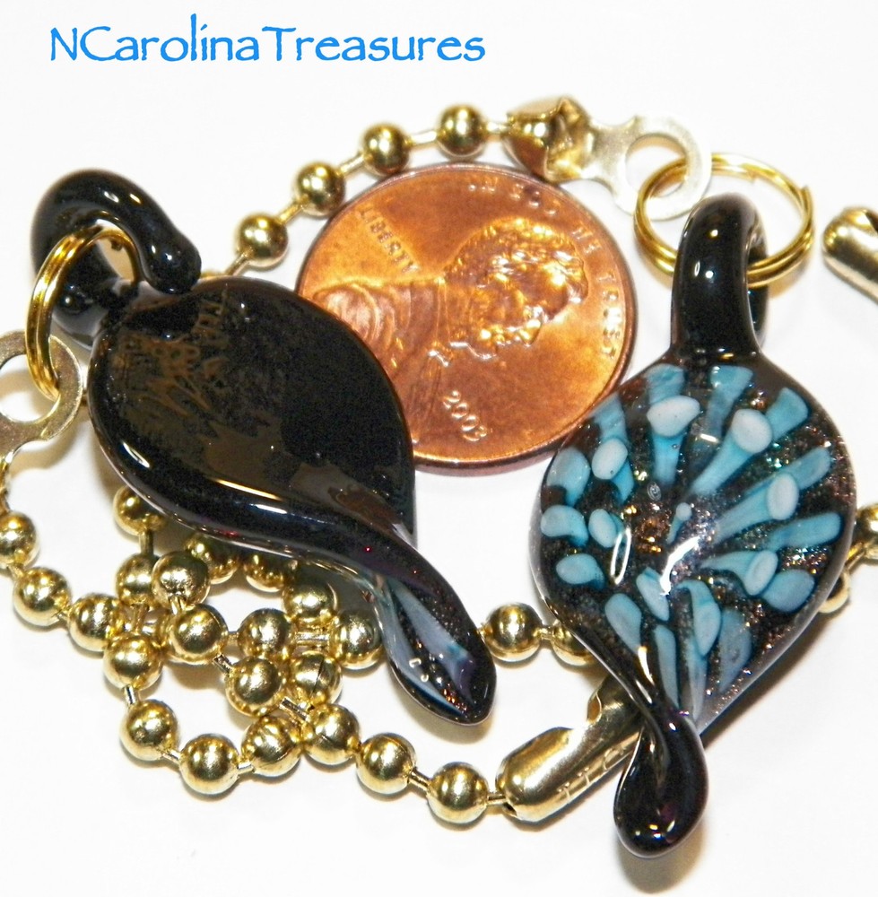 MURANO GLASS CEILING FAN SWITCH PULL LEAF DESIGN AQUA FLORAL BURST SMALL PAIR