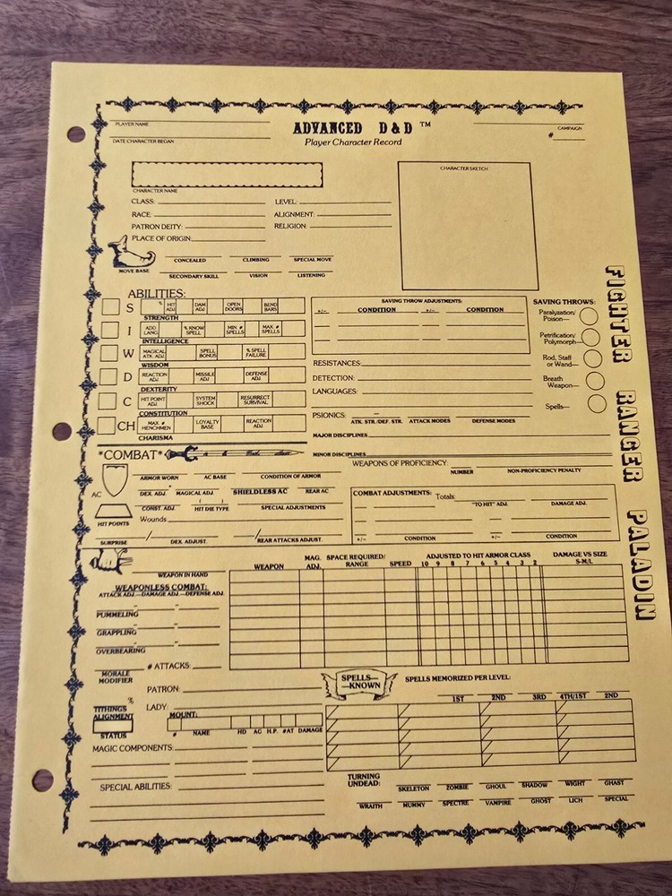 AD&D REF2 Player Character Record Sheet Singles Fighter/Ranger/Paladin TSR