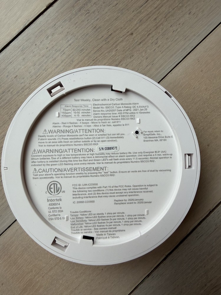 SimpliSafe Carbon Monoxide Detector SSCO3 White