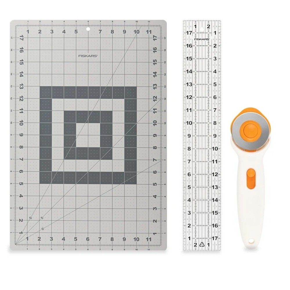 3-Piece Fabric Cutting Set: White Rotary Cutter, Gray Cutting Mat