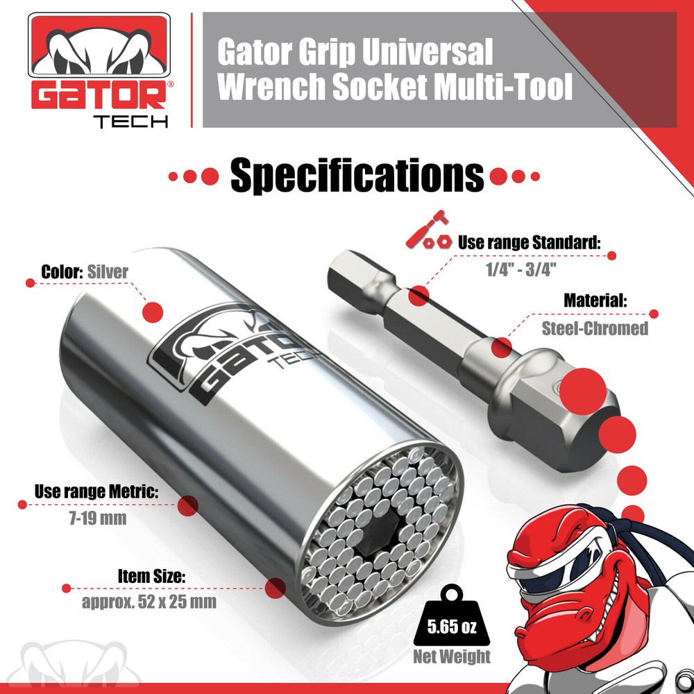 Universal Socket Wrench Magical Power Grip Gator Tech Multi Tool Drill Adapter