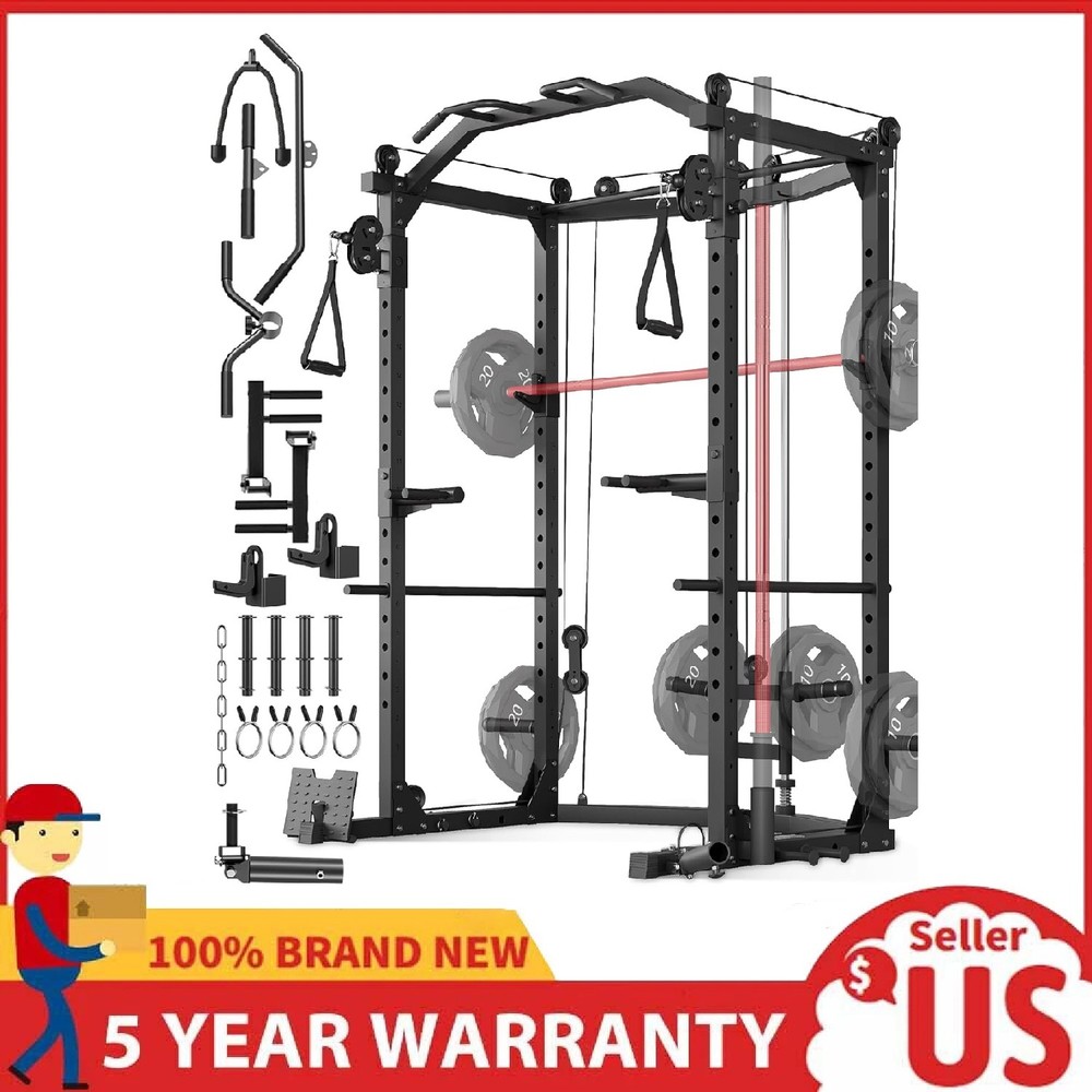 Power Cage Power Rack with Pulley Cable System Workout Squat Rack for Home Gym