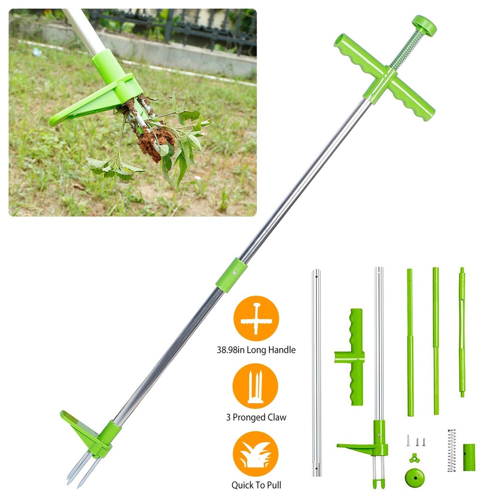 New Silver, Stand-Up Weed Puller - Aluminum Hand Tool with 3 Claws