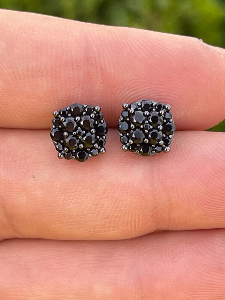Real Solid 925 Silver Hip Hop Black CZ  Earrings 1/3" Cluster Round Studs