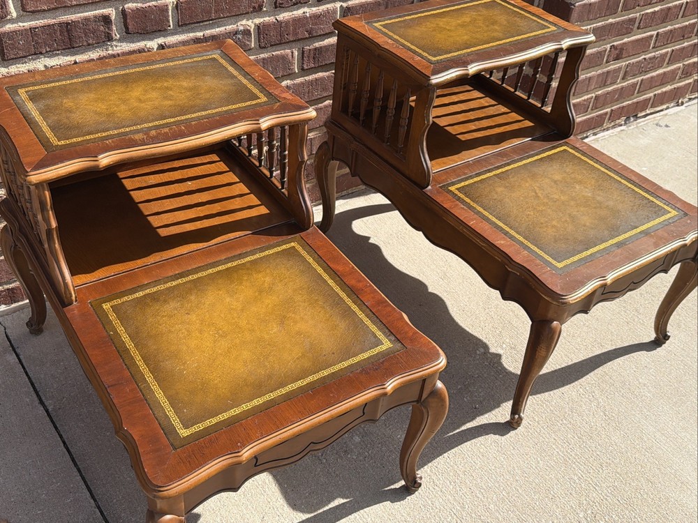 PAIR Step-Back Tooled Leather Top ANTIQUE Side End Tables