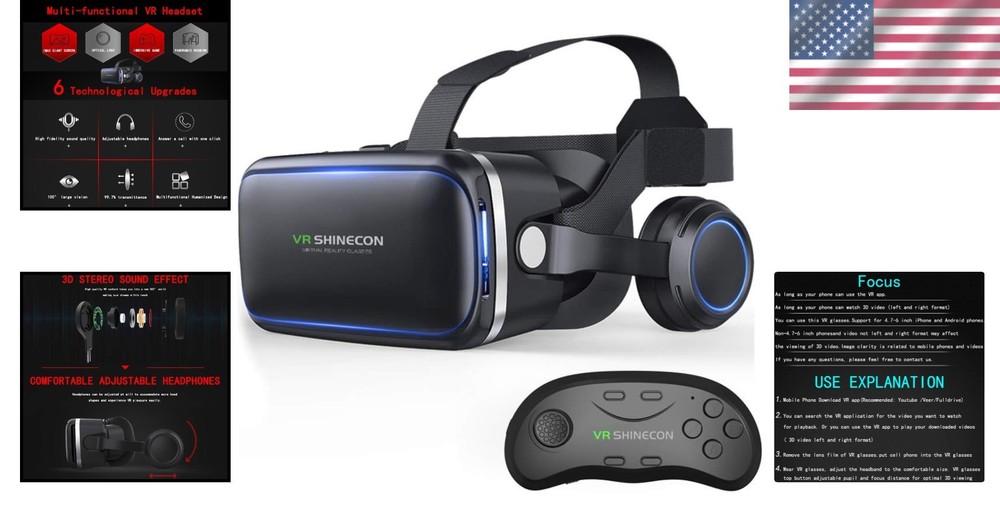 VR Headset with Remote Controller,HD 3D VR Glasses Virtual Reality Headset for V