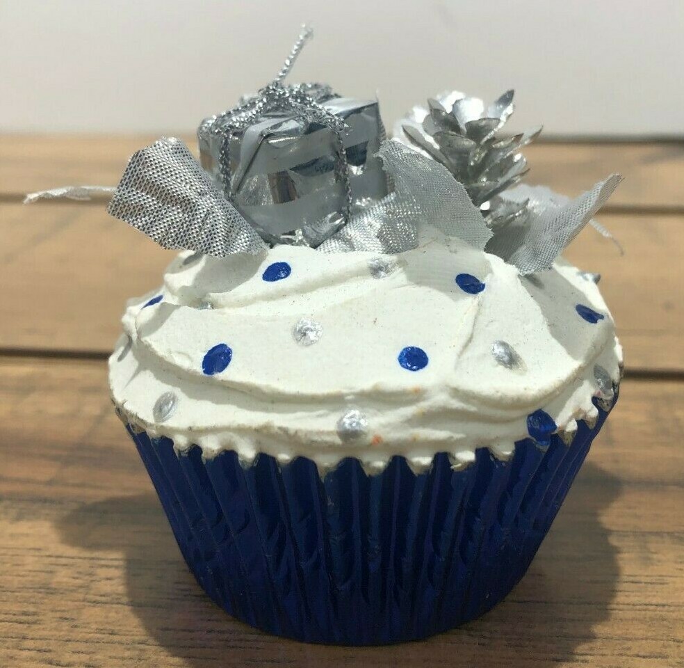 Fake Silver And Blue Winter Themed Decorative Cupcake 3" Diameter