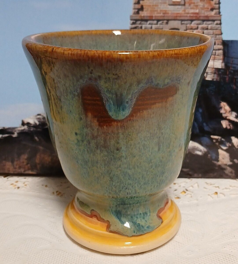 Handmade Studio Art Pottery Blue Drip Glaze Goblet
