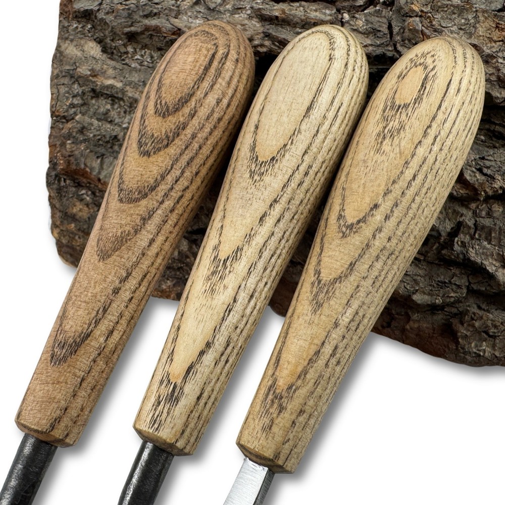 Wood Carving Tool Set 3-Piece – 52100 Steel Blade, Ash Handle, V-Chisel & Gouges