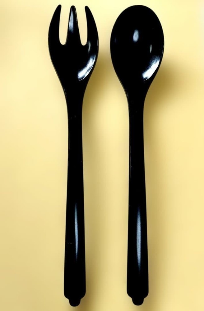 Black plastic salad server set with tongs, spoon, fork, 26" used