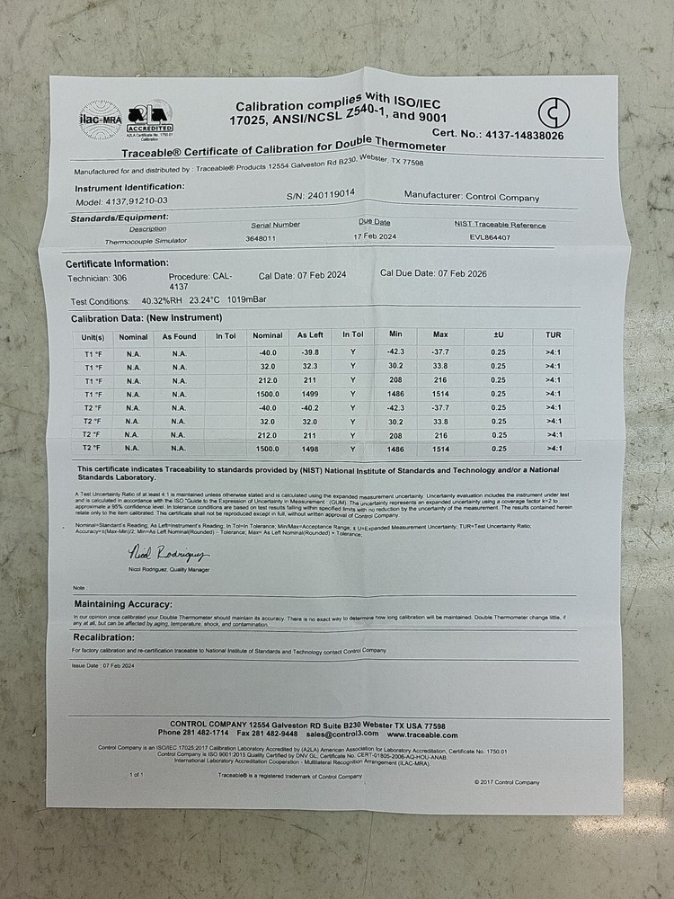 Traceable 4137 Thermocouple Thermometer 2 Input Type K