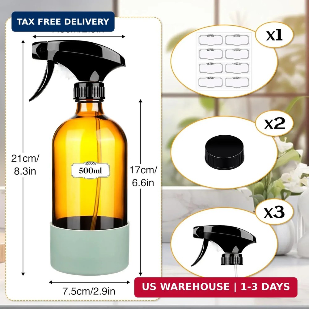 2 Pack/16 Oz Glass Spray Bottles, Refillable Empty Containers with Sili