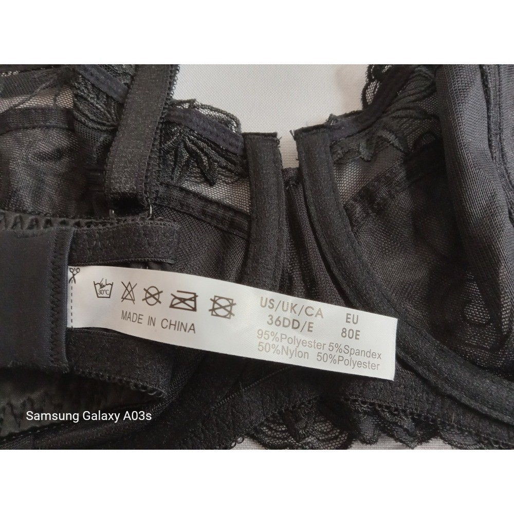 Deyllo Lace Bra Full Coverage Size 36E (DD) See Through Underwire Sheer Black