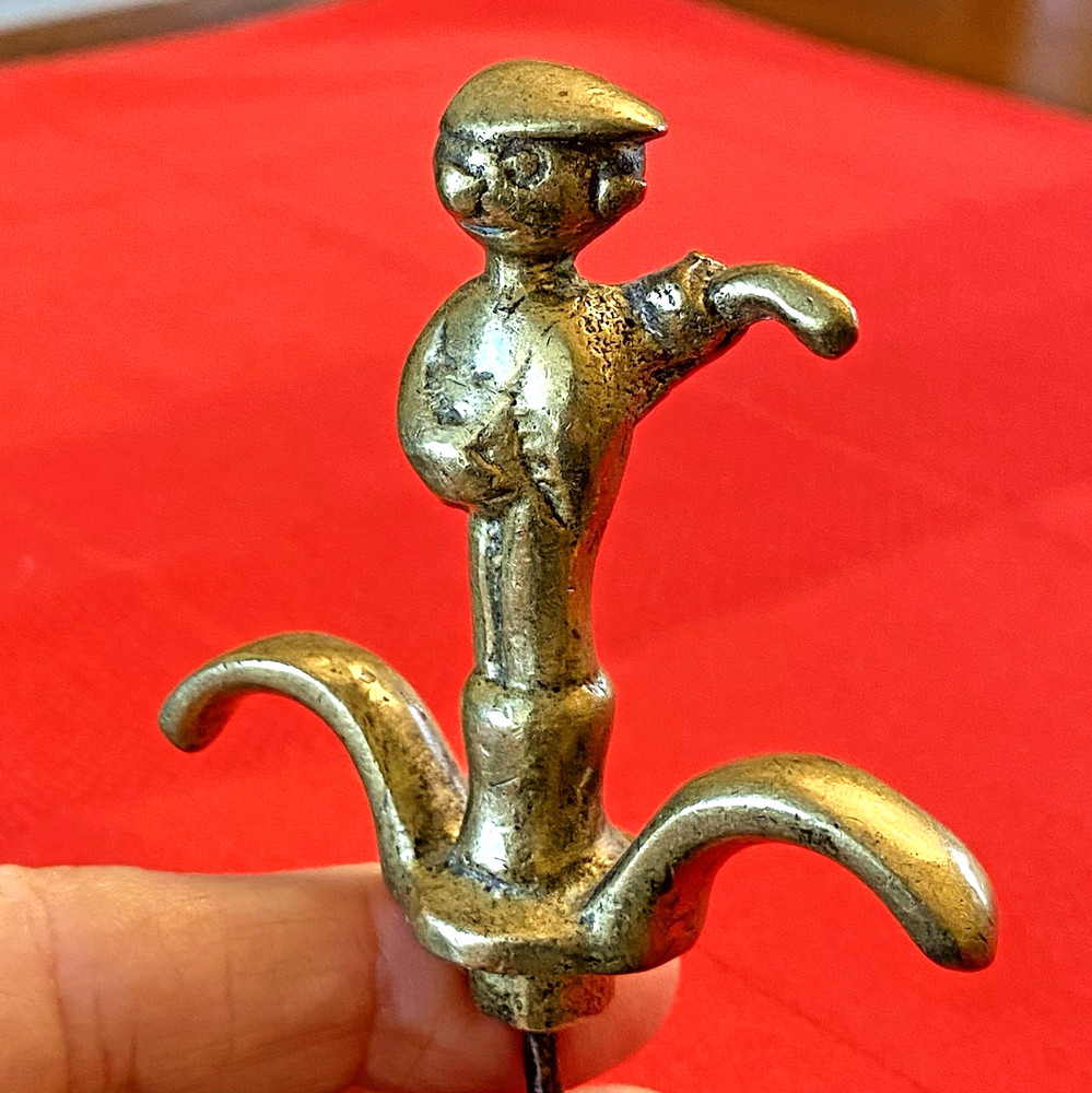 Vintage Solid Brass BOY w UMBRELLA Figural 4-D CORKSCREW 2 Finger Pull, Austria?