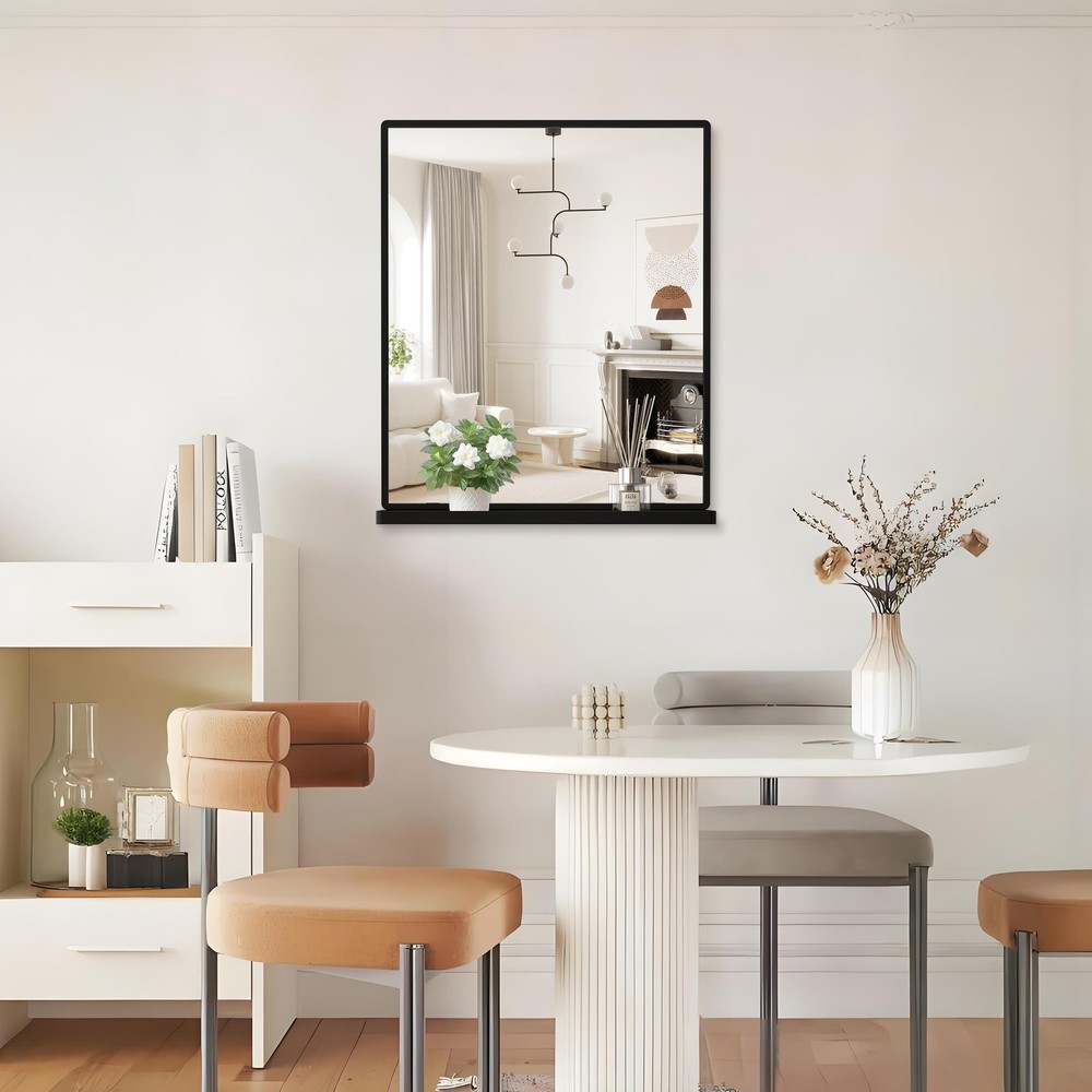 Bathroom Mirror with Shelf, Black Rectangle Wall Mirror Metal Frame, Hanging ...