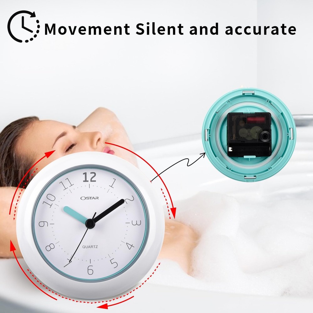 OSTAR Waterproof Bathroom Shower Clock, Analog Quartz Clock Hanging Stand Dua...
