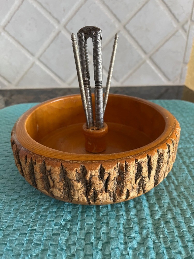 Vintage Nut Bowl Rustic Edge Tree Bark Set with 1 Nutcracker & 2 Picks