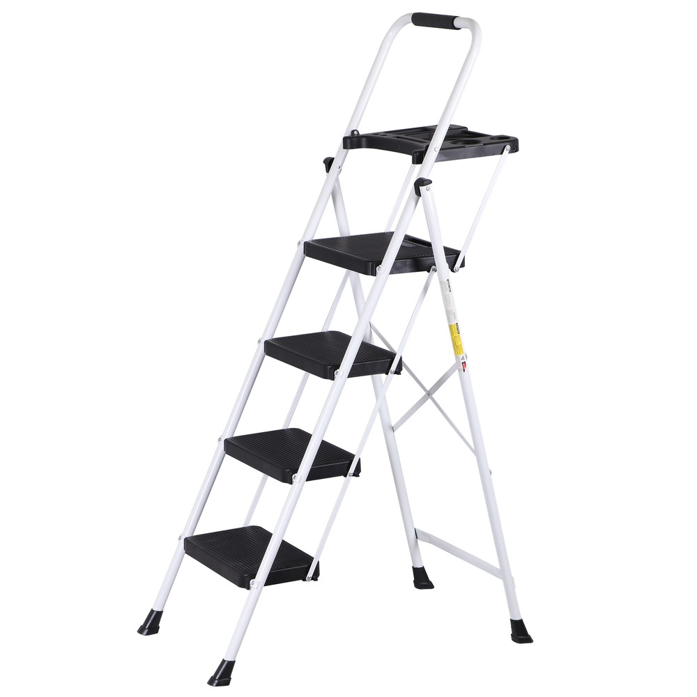 4 Step Ladder with Tool Platform Folding Step Stool with Anti-Slip Pedal White
