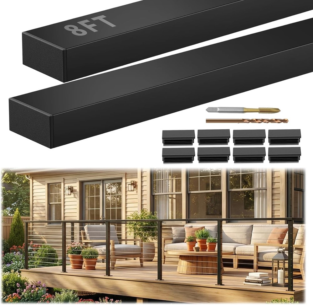 8FT Stainless Steel T304 Black Handrail, 2 Pack Rectangular Cuttable Handrail