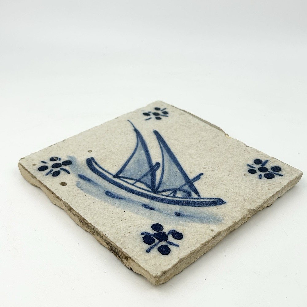 Antique Delft Clipper Ship Blue Hand Painted Tile
