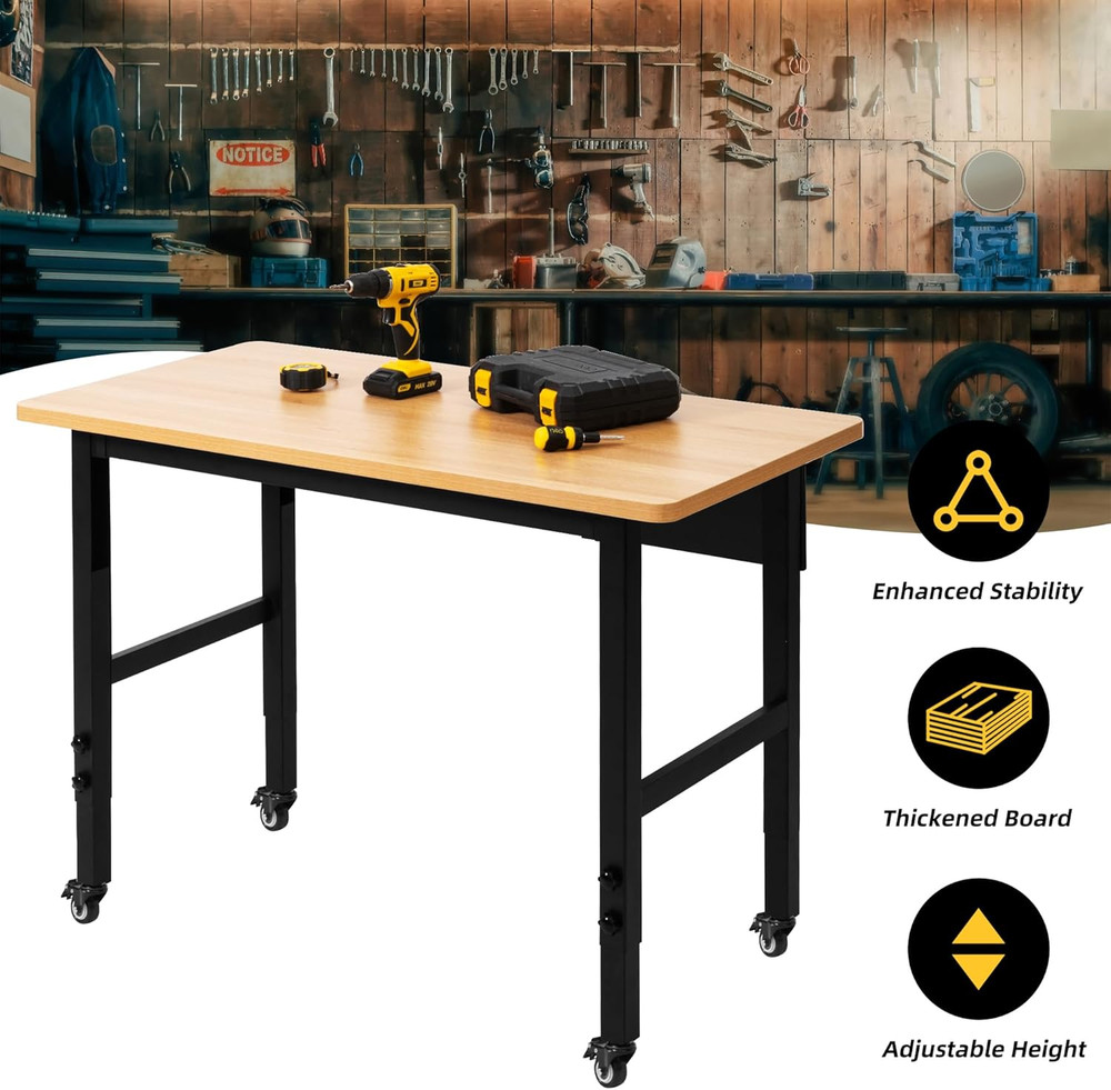48" Adjustable Workbench with Wheels, Rolling Work Table for Garage, 2000 LBS Ca