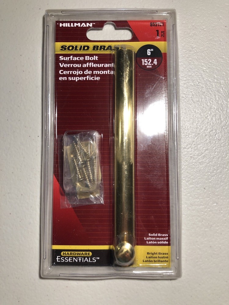 Hillman Solid Brass Surface Bolt 6” W/ Hardware #853121 - New