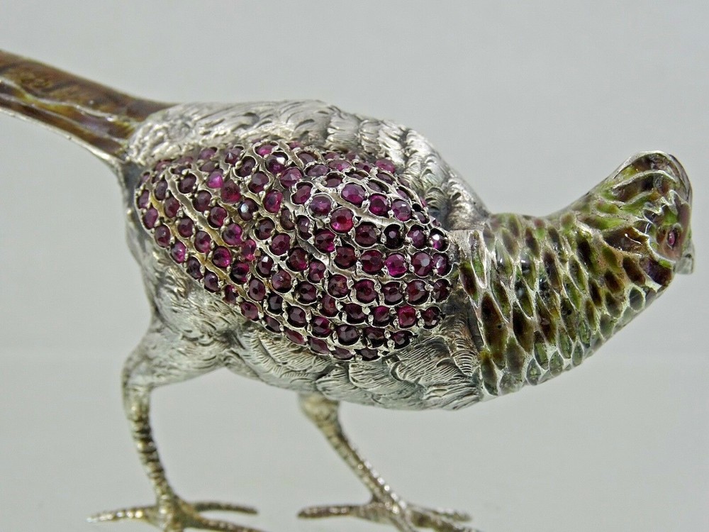 ANTIQUE AUSTRIAN Vienna SILVER ENAMEL MINIATURE BIRD PHEASANT gemset real ruby