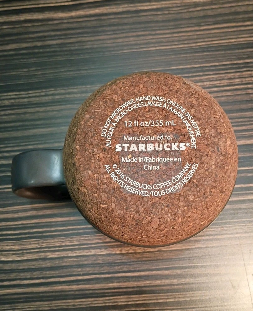 STARBUCKS 2016 Cork Bottom Mug Coffee Mug Black Ceramic 12 oz