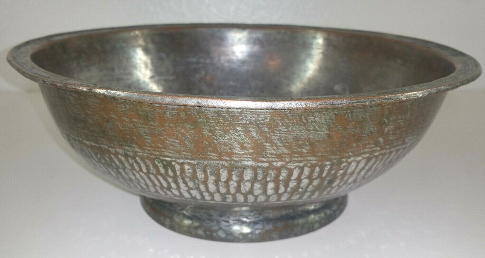 Early Hammered Tinned Copper Bowl Primitive Patterned Design Iran
