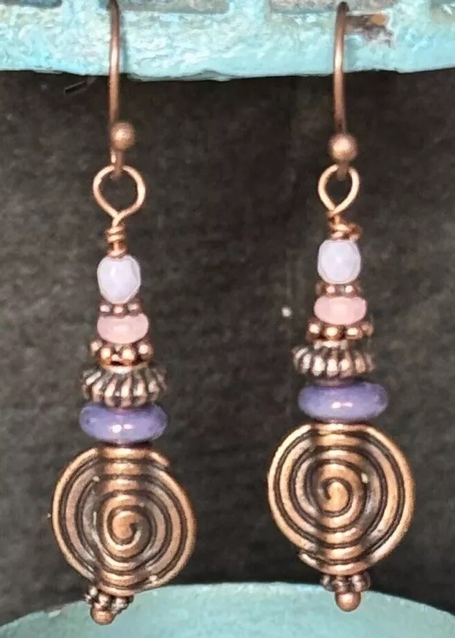 Copper and Lavender Dangle Earrings. Purple. Violet.