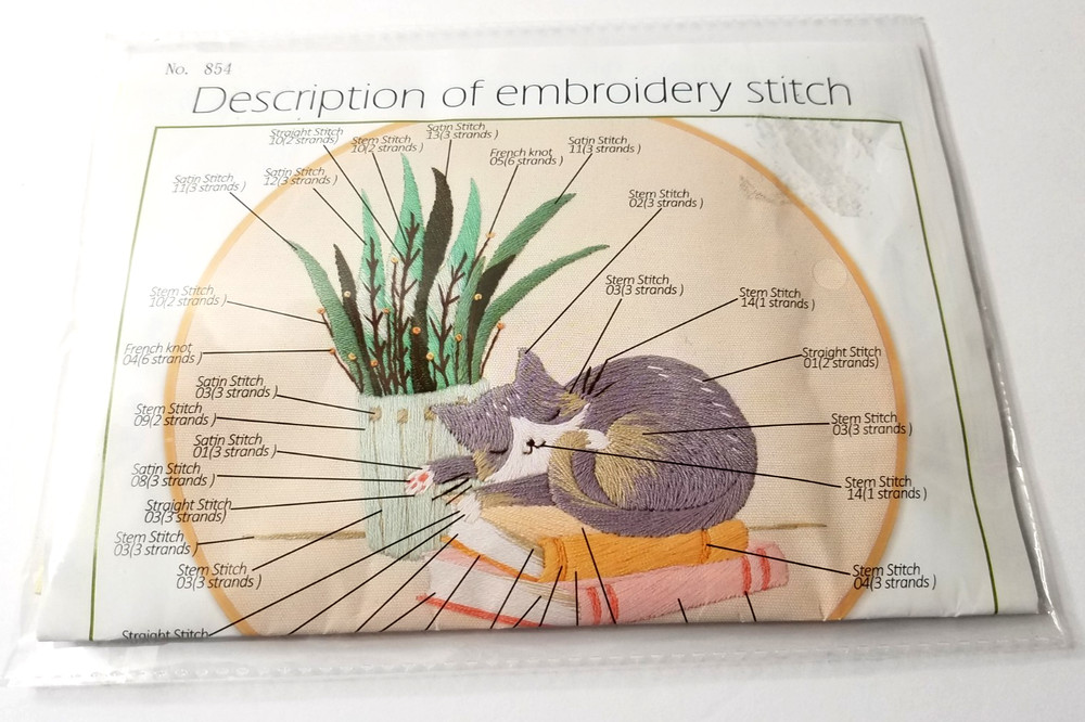 854 Description of Embroidery Stitch Sleeping Cat Plant Pattern & Instructions