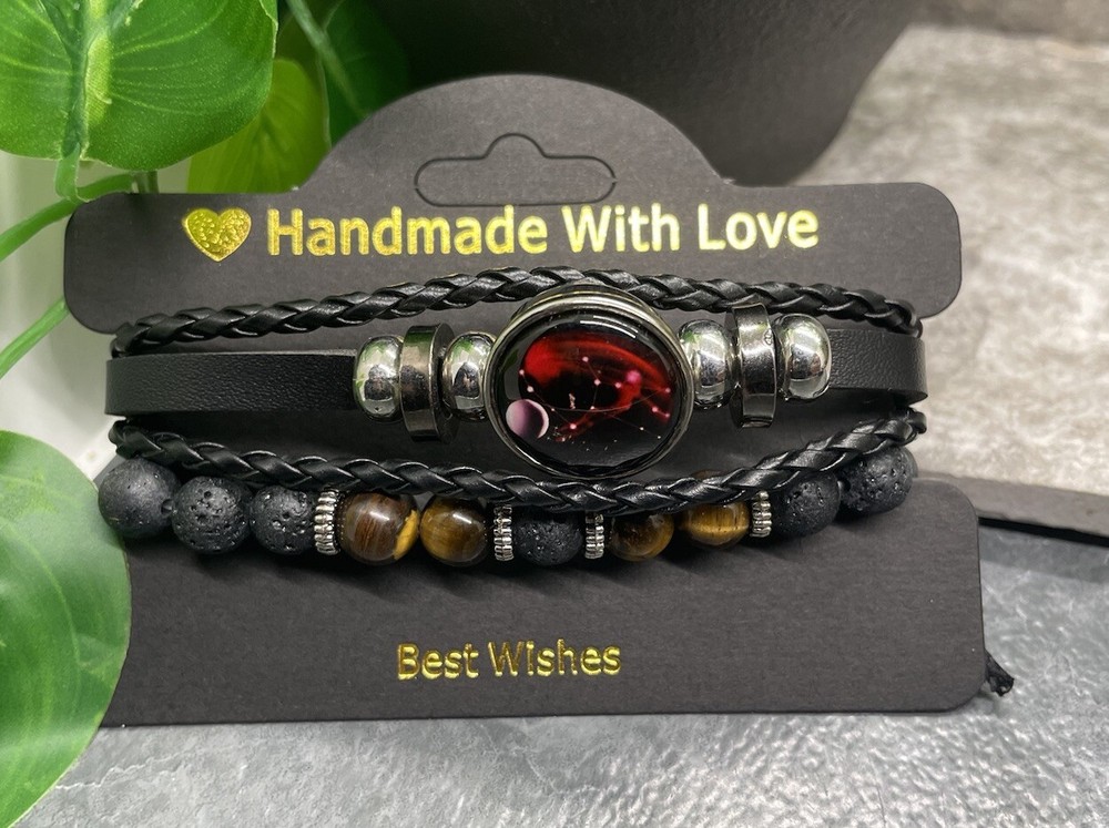 2 PC Zodiac Wood Bead PU Leather Bracelet Stackable Adjustable Tie New B3362