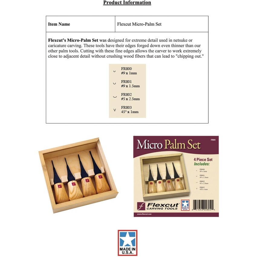 Flexcut Micro-Palm Set, Wood handles, Storage box FLEXFR804 &