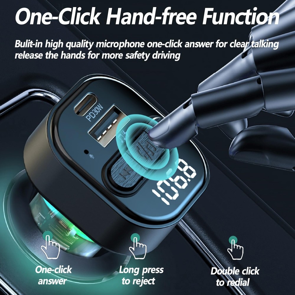 Bluetooth 5.3 FM Transmitter for Car, Car Adapter with Type-C Black