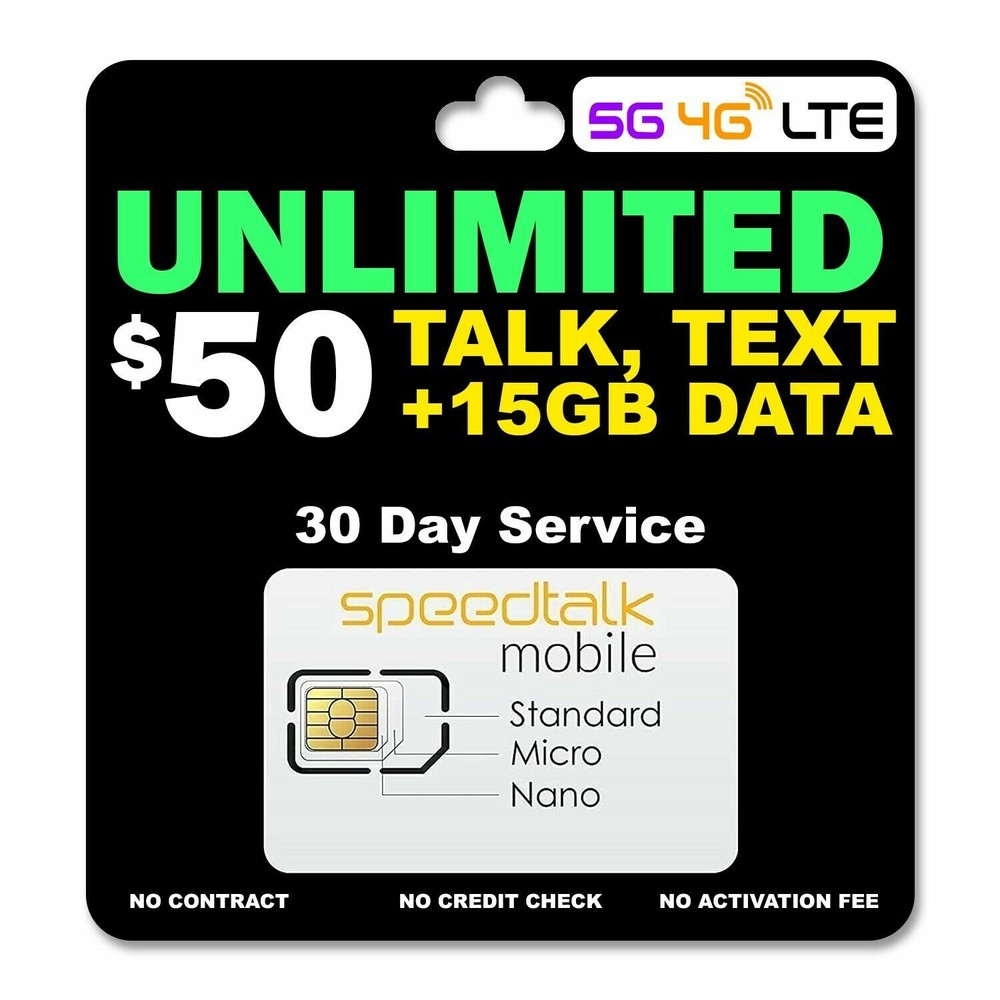 Speedtalk Smart Phone SIM Card Kit Unlimited Data Talk Text 5G 4G LTE Plan 1 mo.