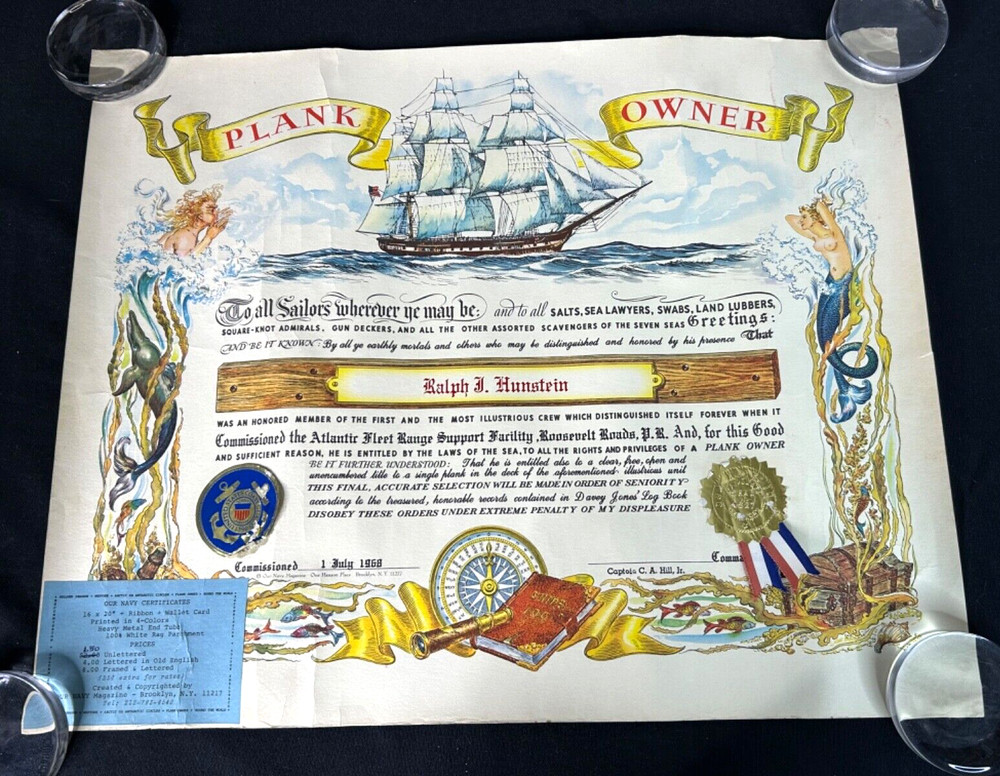 1968 USCG Atlantic Fleet Range Support Facility Plank Owner Certificate