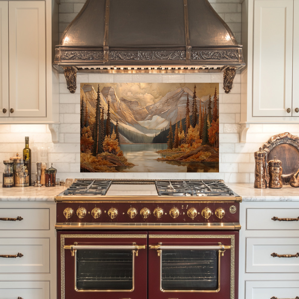 Pine Tree and Mountain Glass Backsplash, Tempered Glass Kitchen Splashback