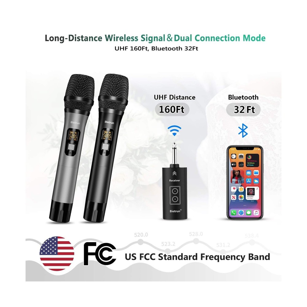 Wireless Microphone with Bluetooth, Professional UHF Dual Handheld ... Fast Ship