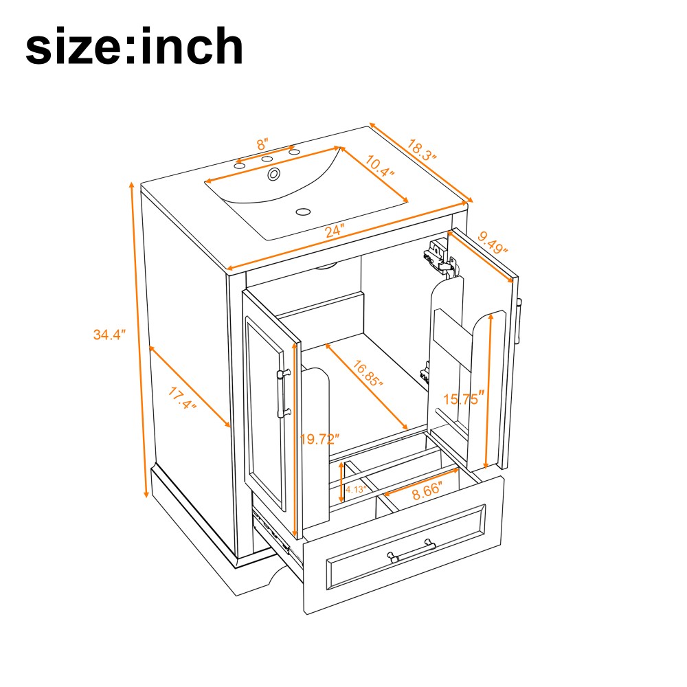 24" Bathroom Vanity w Sink MDF Cabinet with Solid Wood Frame Freestanding Vanity