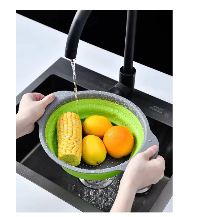 Basket Collapsible Colander Round Silicone Kitchen Strainer (1 Pcs - Green)
