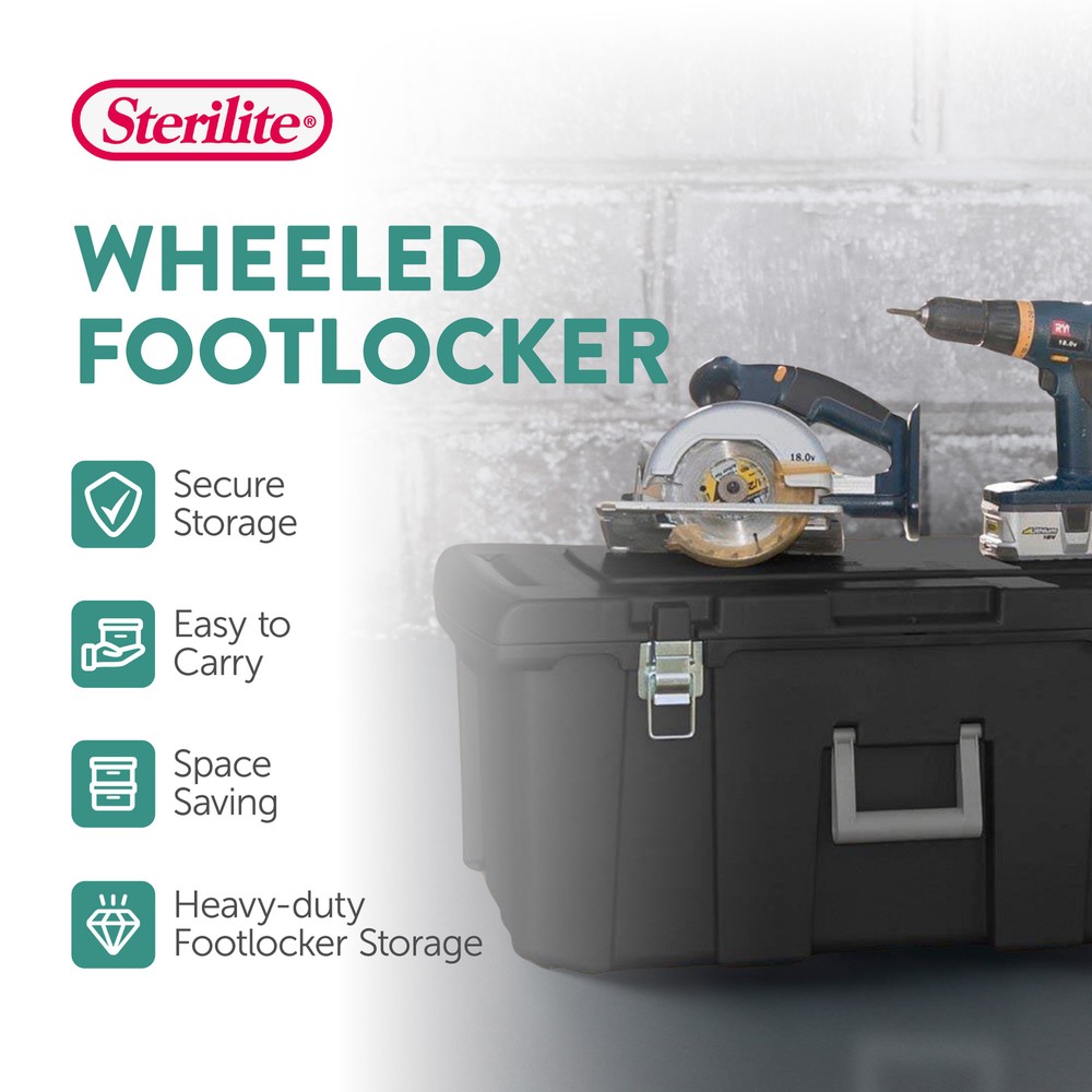 Sterilite Wheeled Footlocker, Plastic Utility Storage Container, Black, 3 Pack