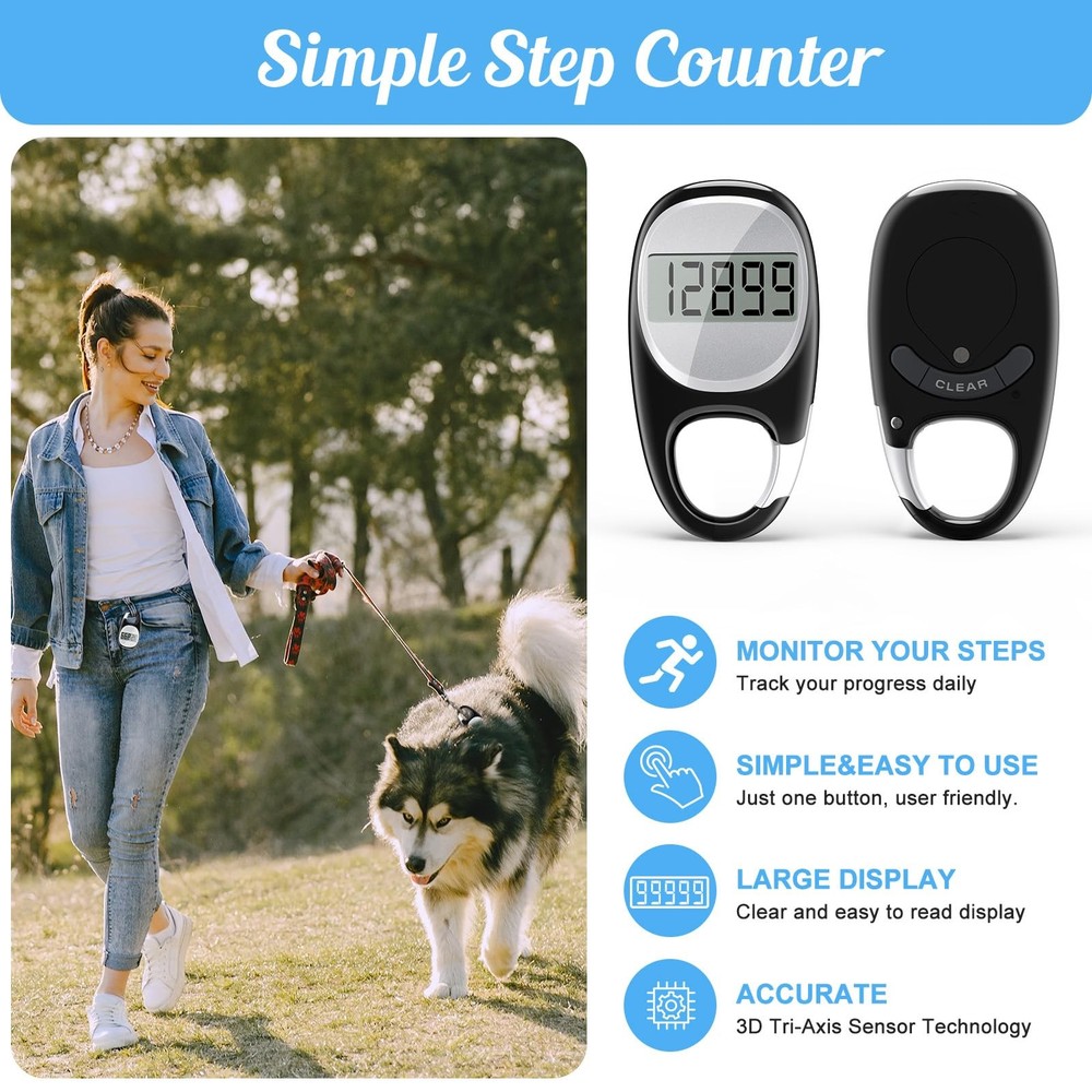 Accurate Walking Pedometer with Carabiner - 3D Step Tracker for All Ages
