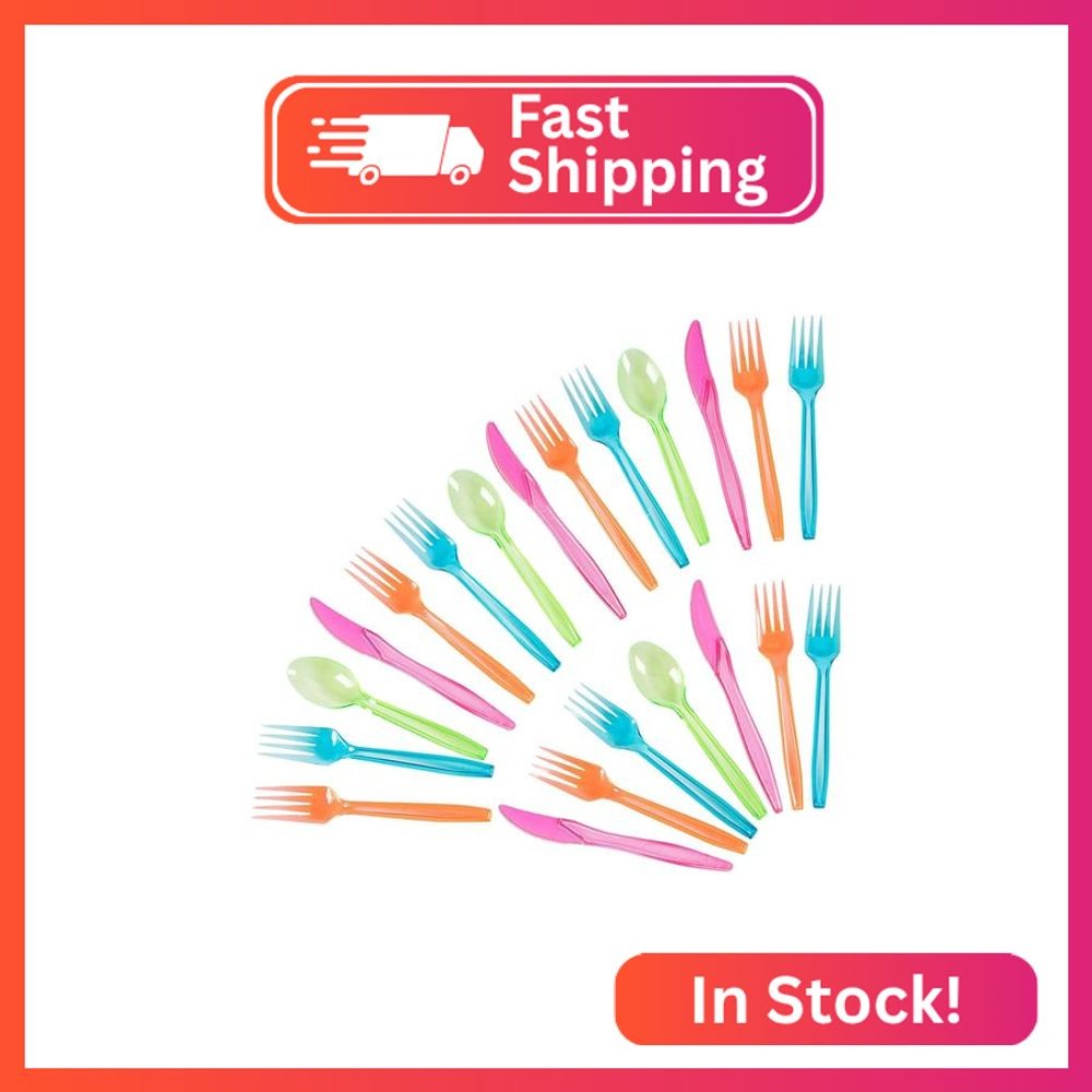 Juvale Rainbow Plastic Silverware Set - Disposable Neon Party Utensils - Disposa